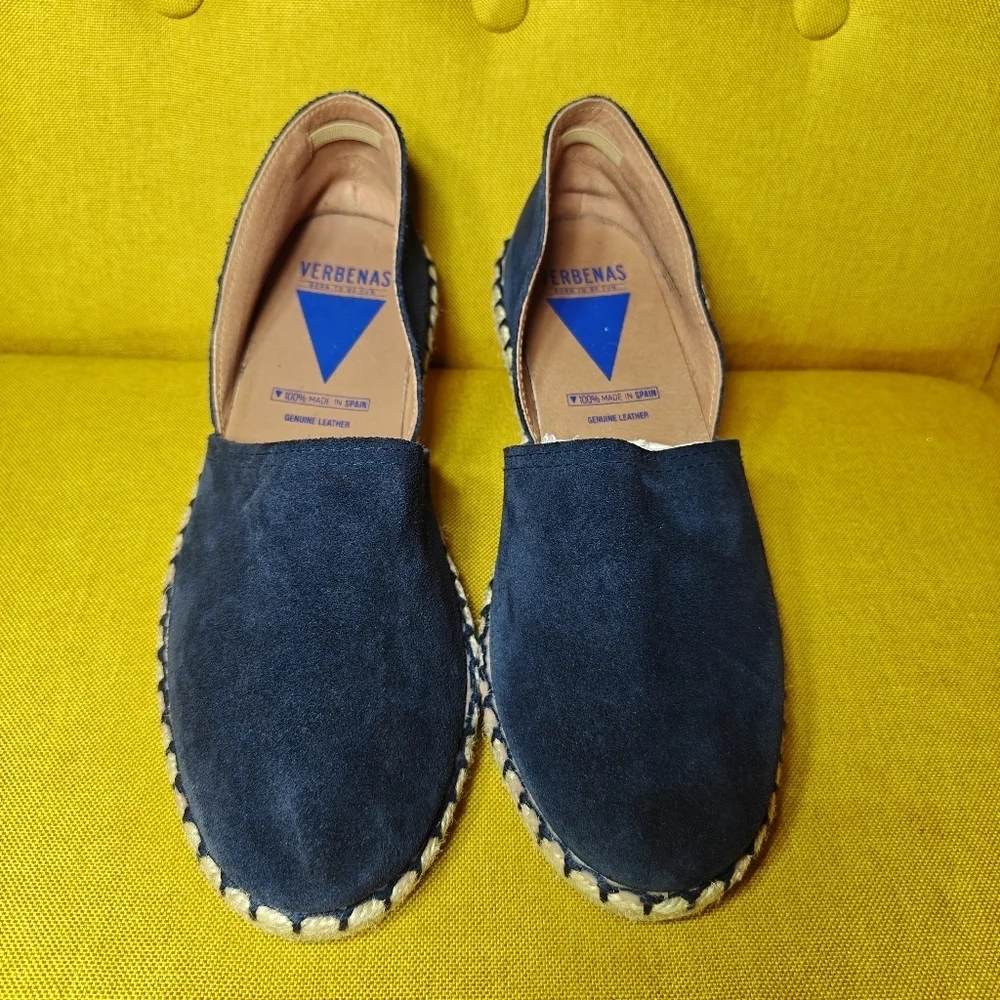VERBENAS Carmen Serraje Navy Suede Slide-on Spanish Espadrille Mules Shoes Sz 11